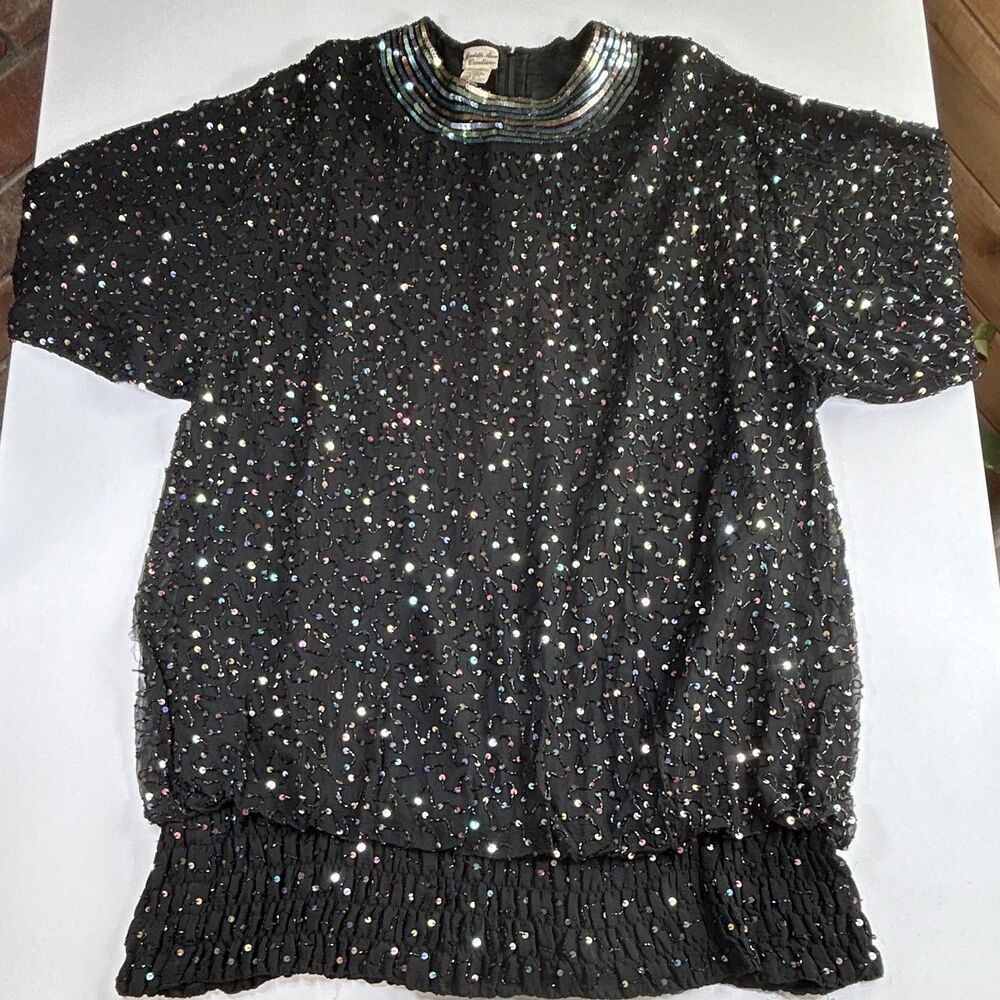 Vintage Silk Judith Ann Creations Black Multi Sequin Beaded Knee Length Dress L - Picture 5 of 13